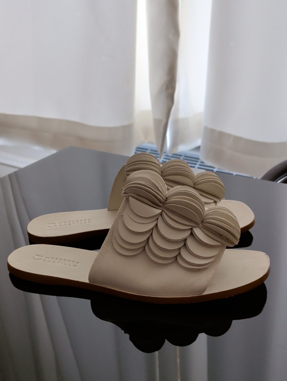 MERCEDES CASTILLO Beige Layered Scallop Lambskin Slide Sandals